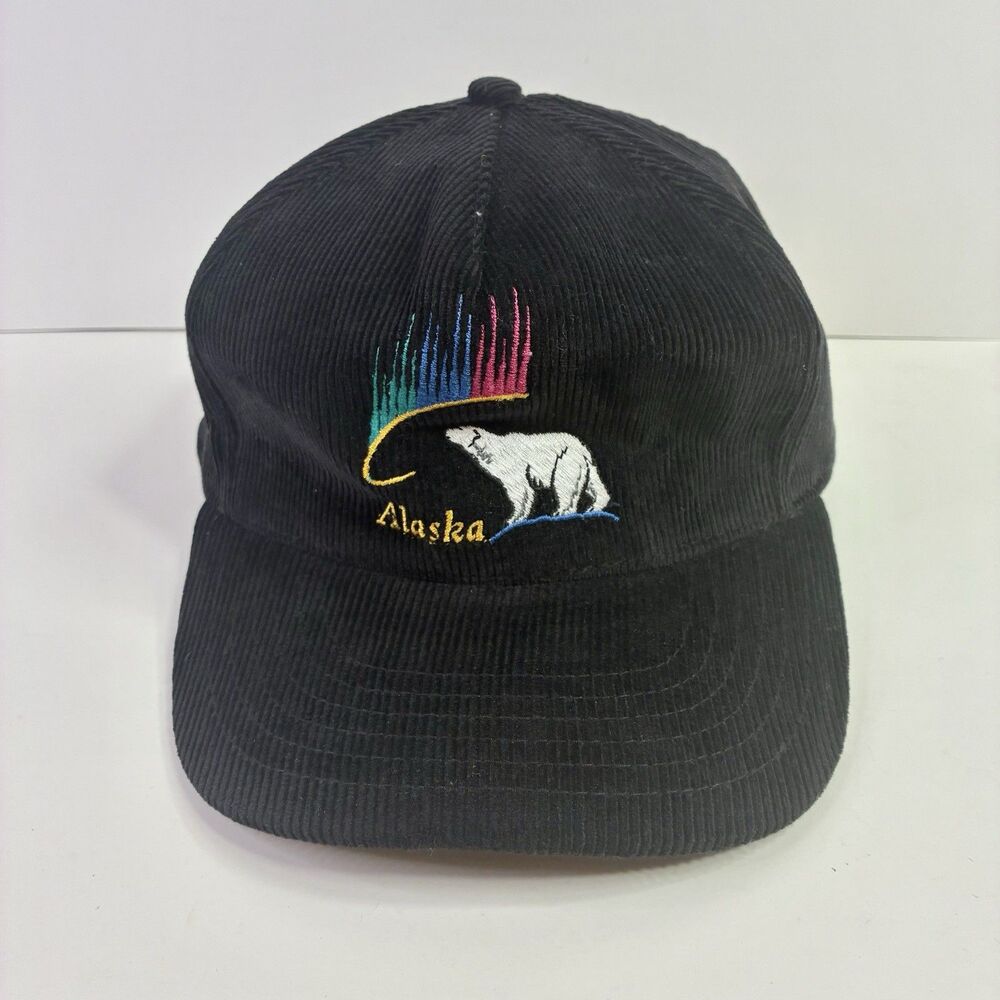 Vintage Alaska Hat Polar Bear Black Corduroy Cap Northern Lights *READ*